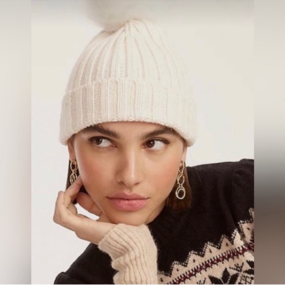 J Crew Wool beanie with Faux Fur Pom Pom